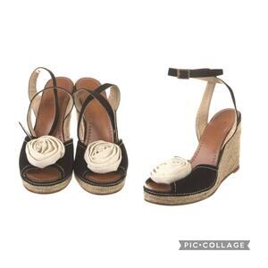 NEW Kate Spade Black Cream Rose Wedge Platform Espadrille Sandals Size 10.5
